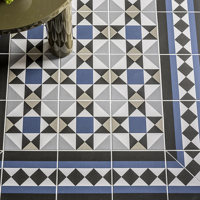 Stonehouse Studio Buxton Navy Geometric Patterned Tiles 225 x 225mm