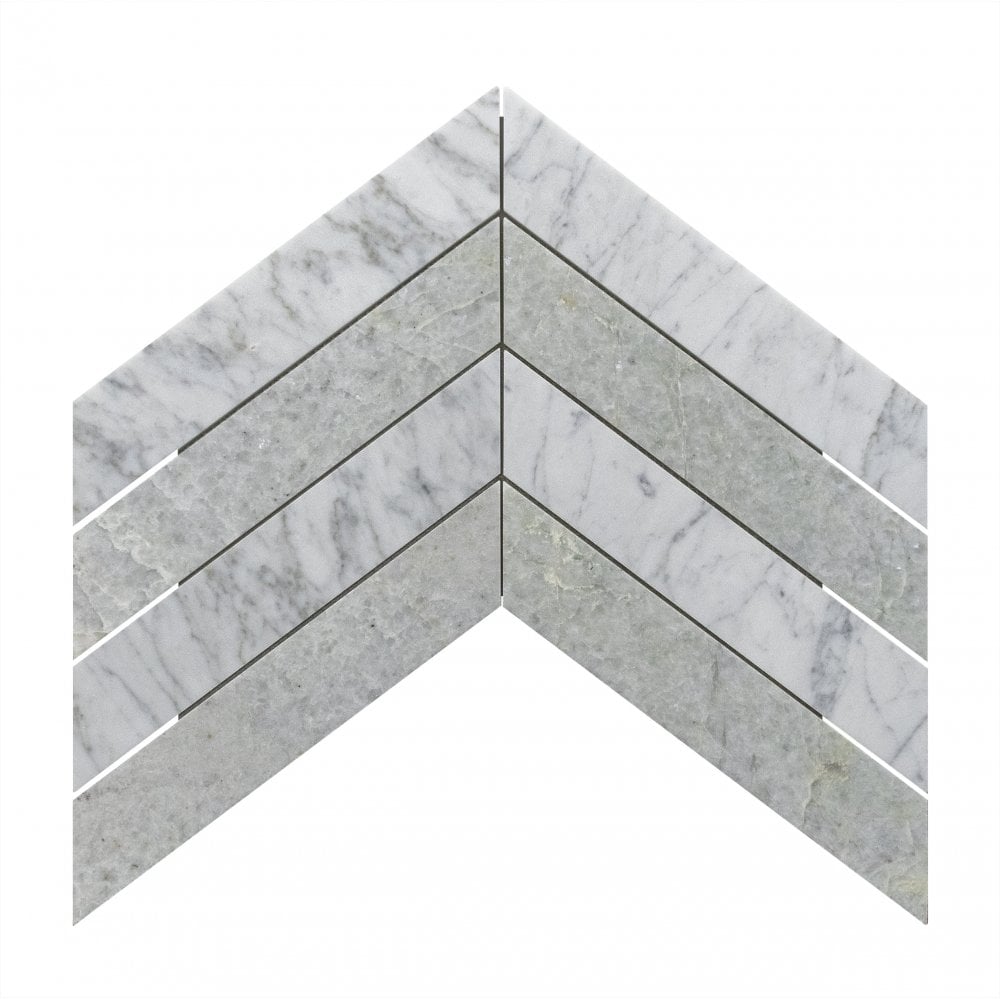 Carrara & Forest Green Honed Marble 26.2cm x 43.1cm Chevron Mosaic Tile