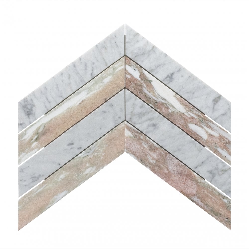 Carrara & Norwegian Rose Honed Marble 26.2cm x 43.1cm Chevron Mosaic Tile