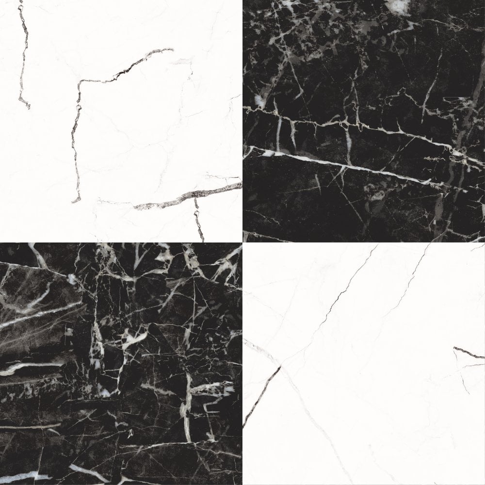 Darwin Black and White Marble Effect 45cm x 45cm Wall and Floor Tile