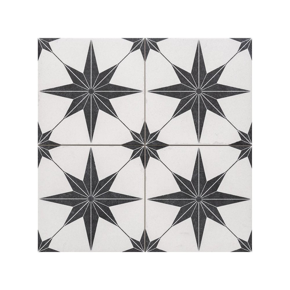 Etoile White & Black Matt Patterned Distressed effect Porcelain Wall & floor Tile