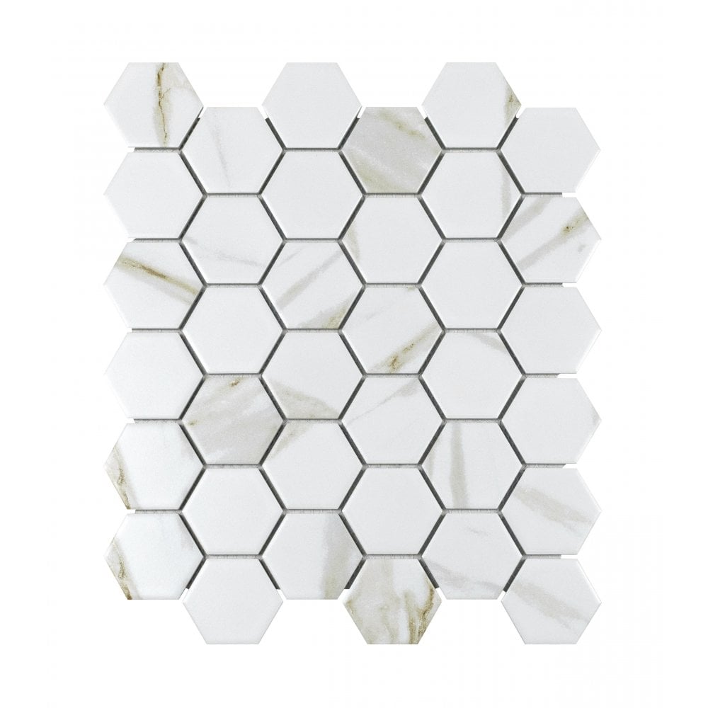 Hexagon Calacatta Matt (5.1cm x 5.9cm) 32.5cm x 28.1cm Mosaic Tile