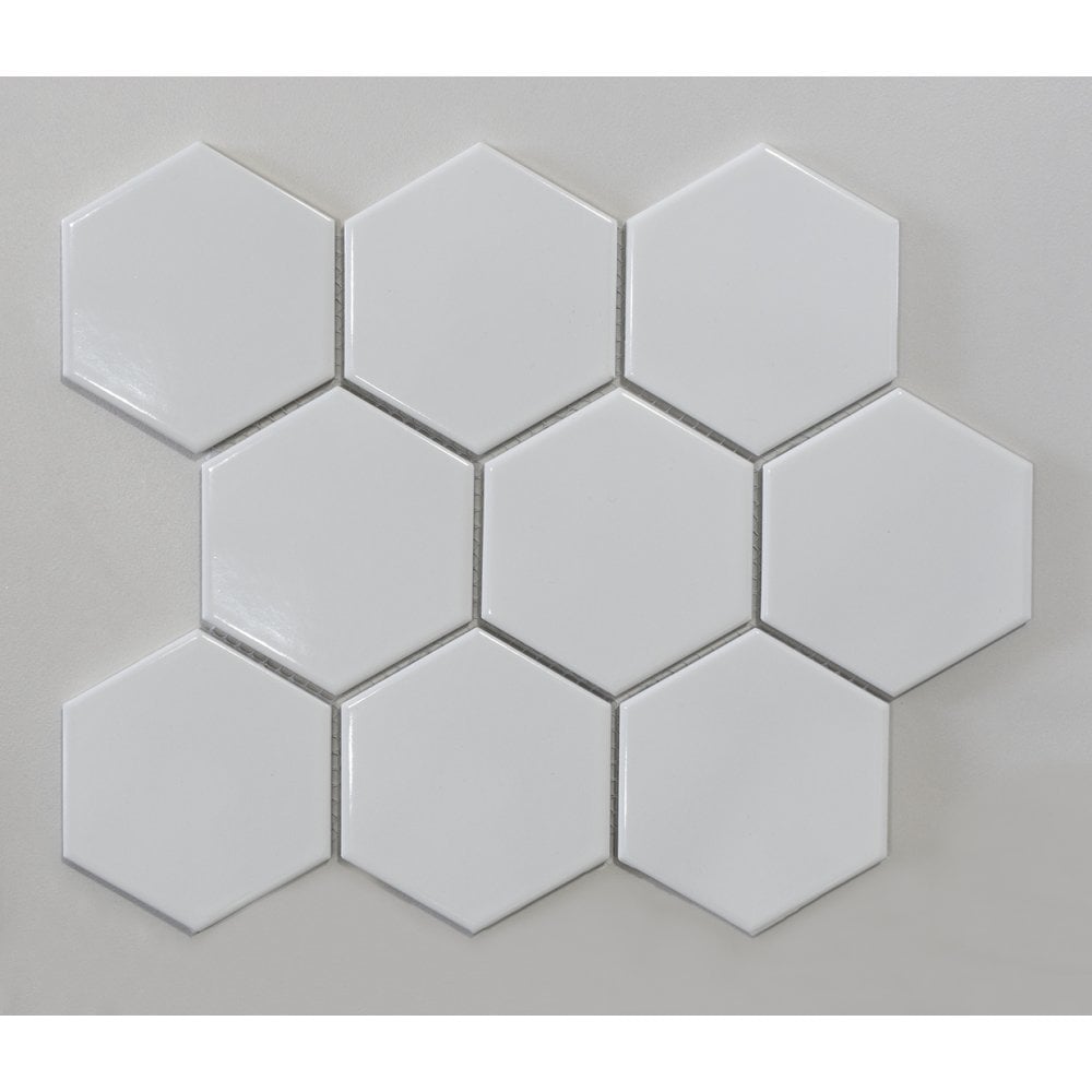 Hexagon Gloss White 29.55cm x 25.6cm (9.5cm x 11cm) Mosaic Tile