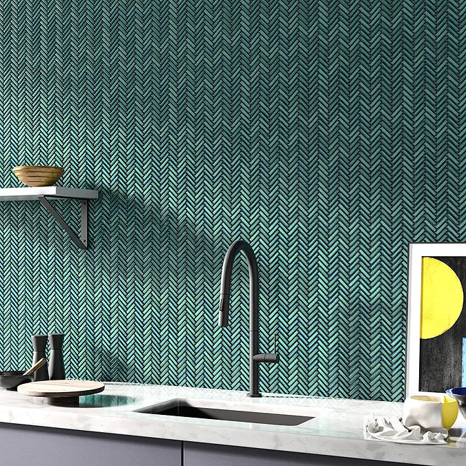 Stonehouse Studio Otsu Mini Herringbone Mosaic Tile Sheet Gloss Green 306 x 290mm