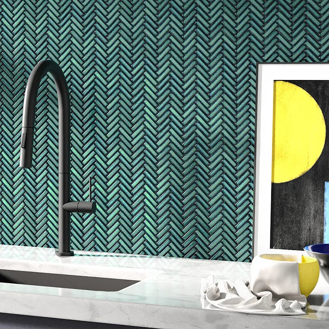 Stonehouse Studio Otsu Mini Herringbone Mosaic Tile Sheet Gloss Green 306 x 290mm