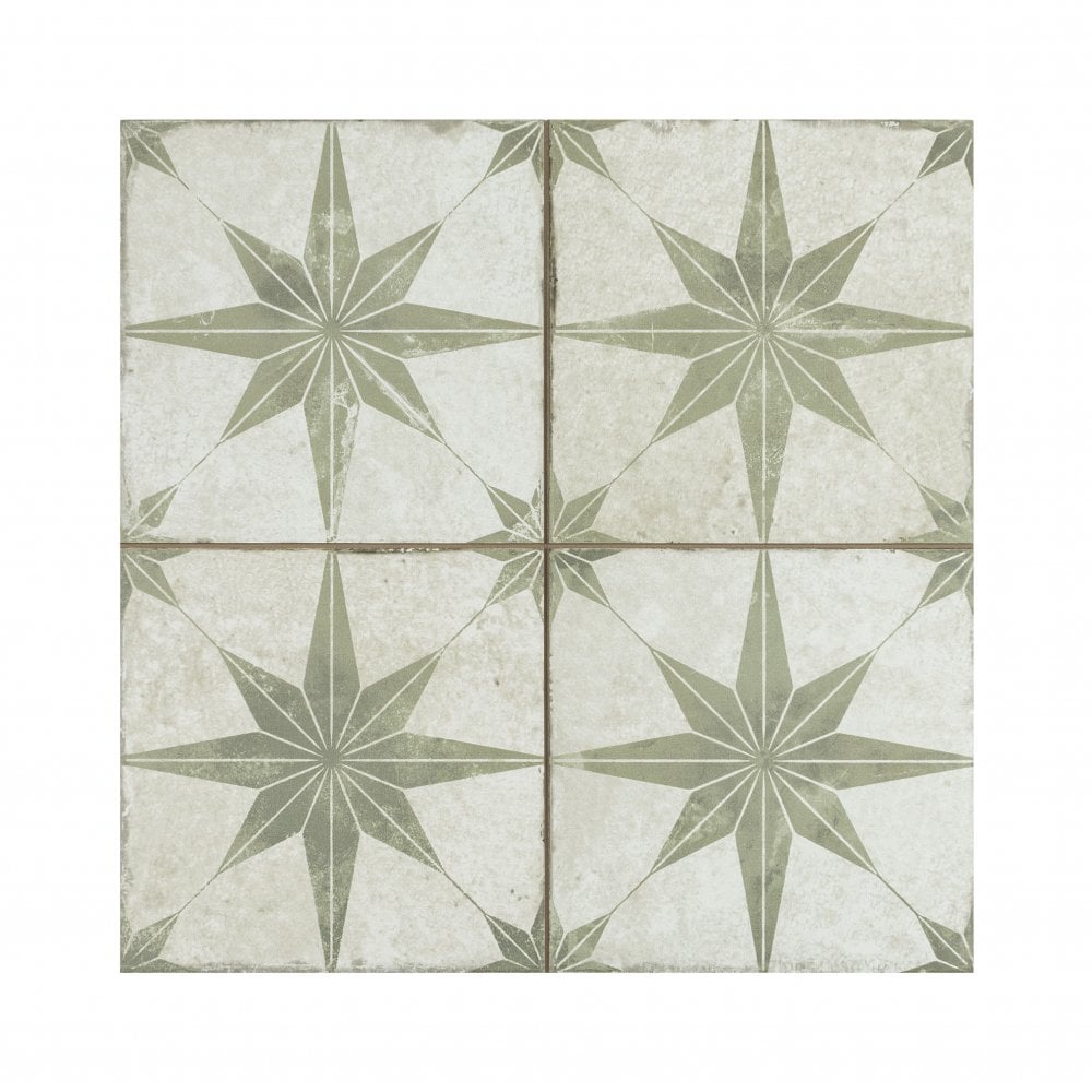 Scintilla Olive Green Star Pattern 45cm x 45cm Wall & Floor Tile