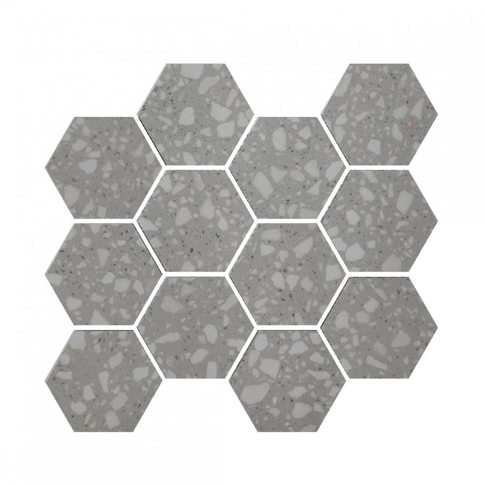 Terrazzo Hexagon Light Grey Mosaic 26cm x 27.8cm Wall & Floor Tile
