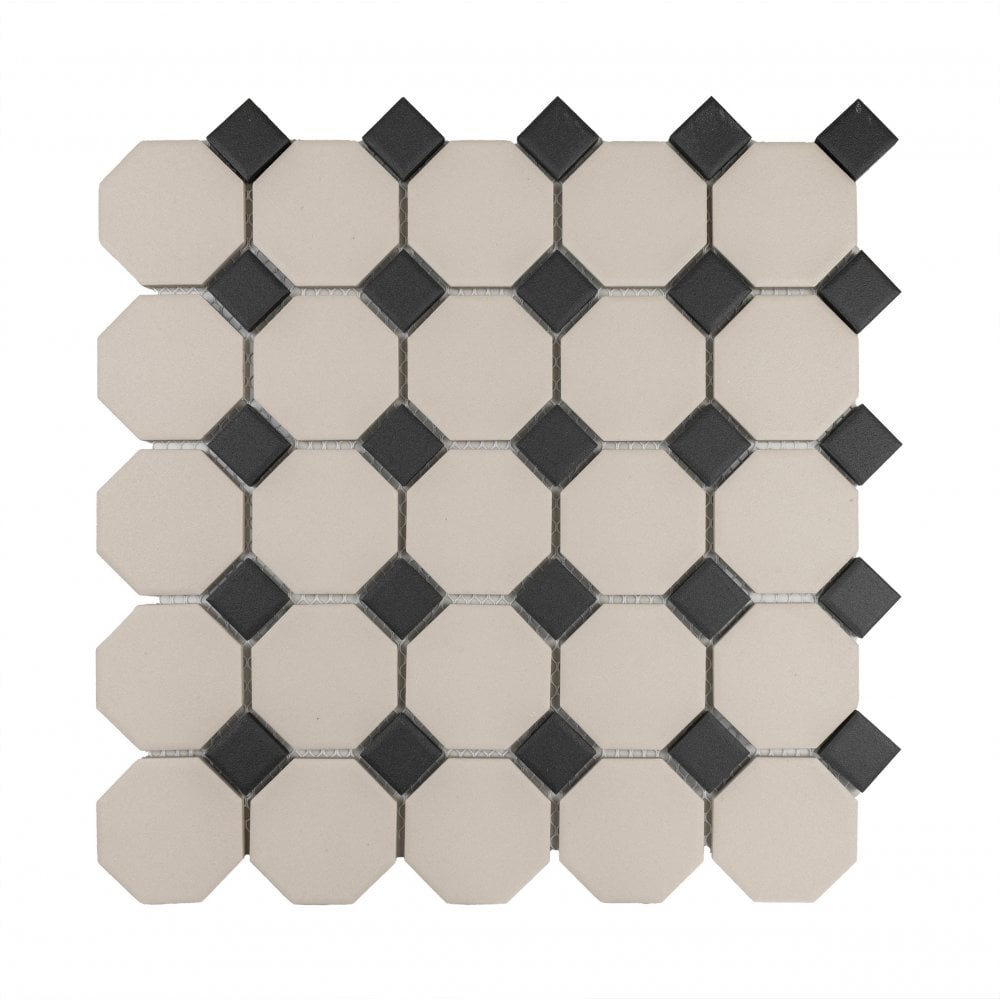 Winston Snow Octagon with Midnight Dot 29.5cm x 29.5cm Mosaic Tile